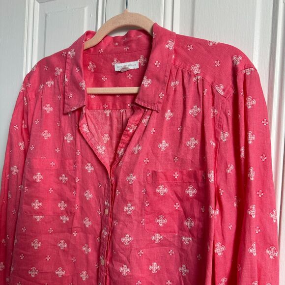 Charter Club Shirt Womens XXL Pink Geometric Button Up Roll Tab Linen Beachy - Picture 2 of 5